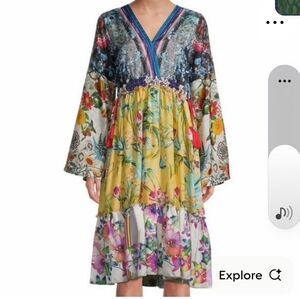 Johny Was Colorful Floral Midi Silk Dress. Size M